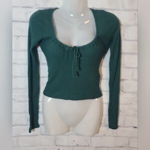 Hollister Dark Green Ribbed Long Sleeve Bow Shirt XS